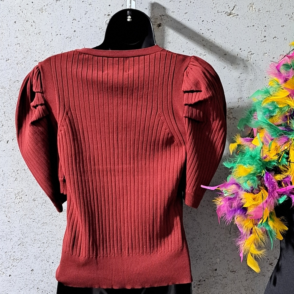 Sz S/P Industry Republic Wine Ribbed Top with Puffed Sleeves - Picture 6 of 7